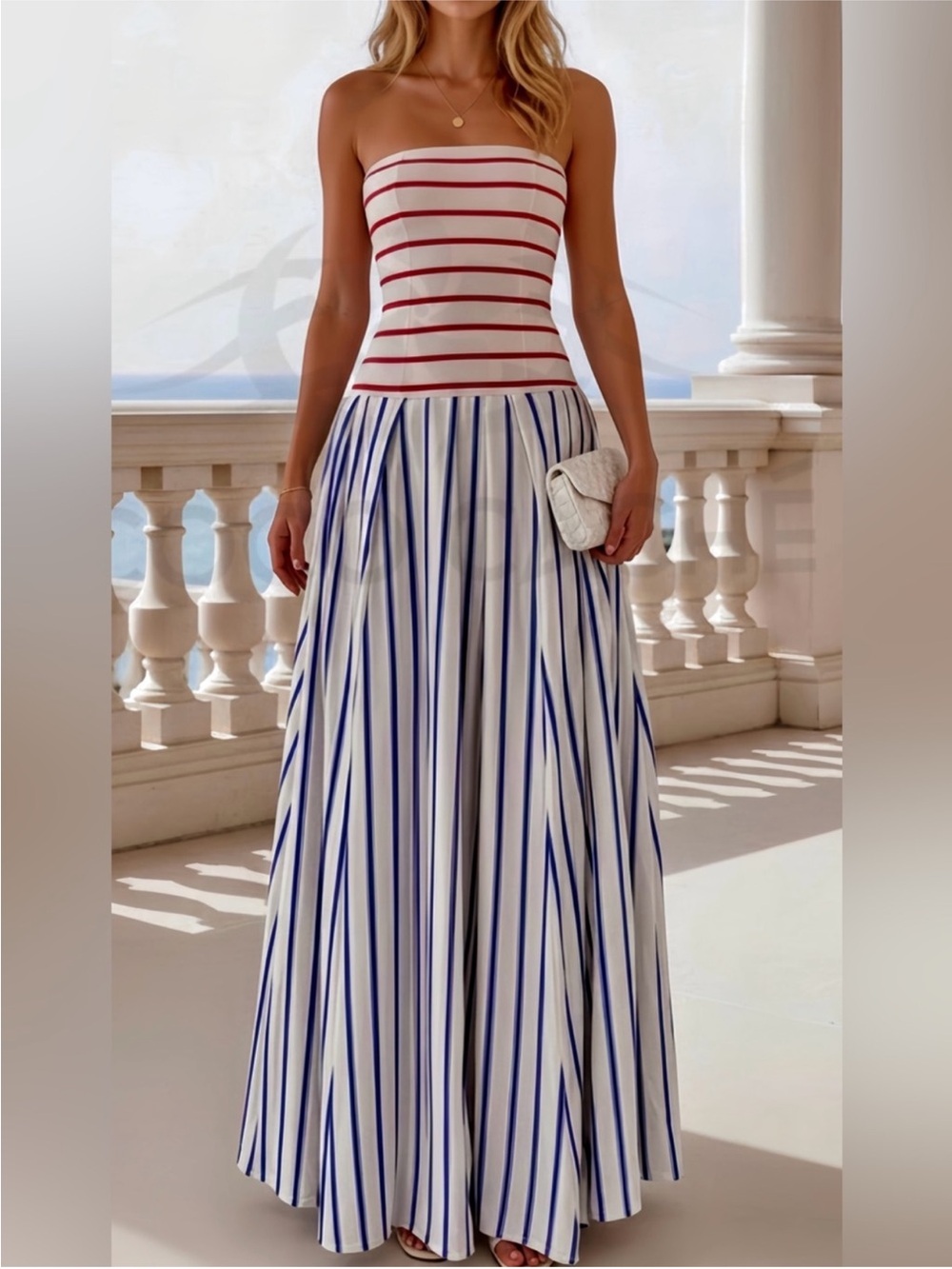 Elegant Strapless Striped Red White Blue Drop Waist Party Dress 🌟🌟🌟🌟🌟
